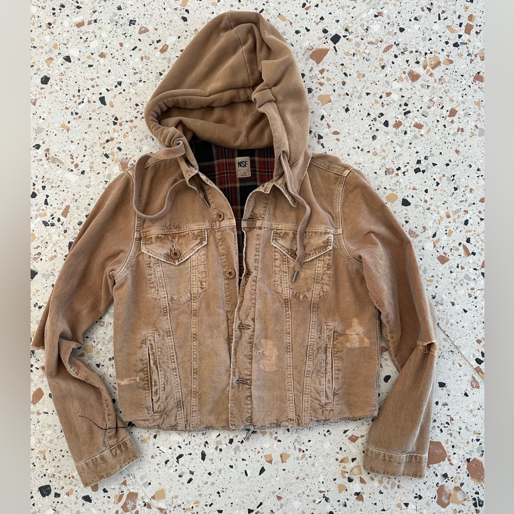 NSF Tan cropped Button Up Hooded Corduroy Jacker Size M